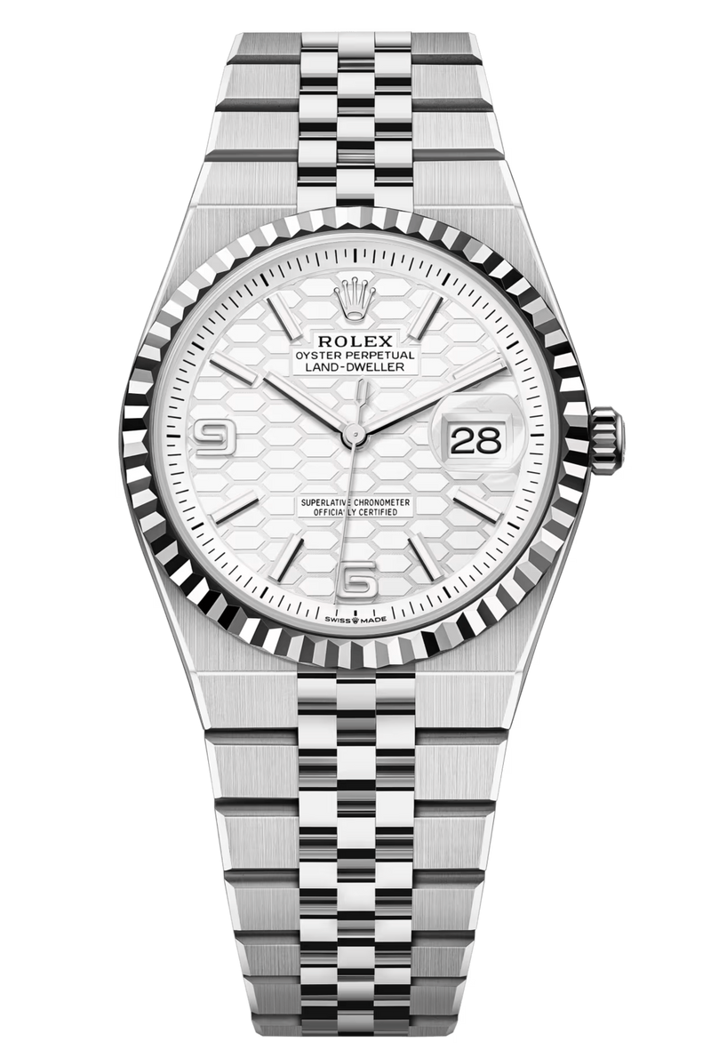 Rolex Land-Dweller 127234 36 mm White Honeycomb Dial Fluted Bezel Flat Jubilee – New 2025