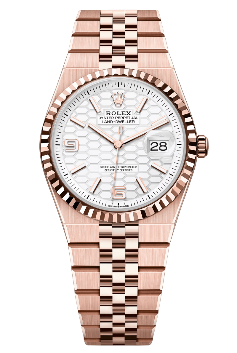 Rolex Land-Dweller 127235 36 mm Everose Gold White Honeycomb Dial Fluted Bezel Flat Jubilee – New 2025