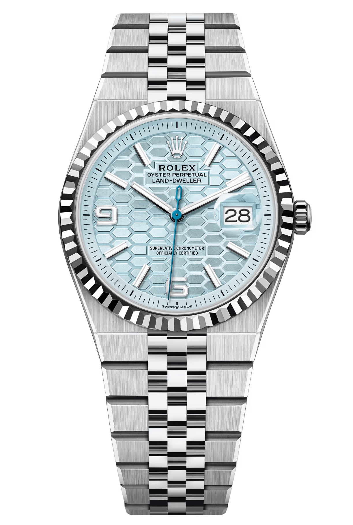 Rolex Land-Dweller 127236 36 mm Platinum Ice Blue Honeycomb Dial Fluted Bezel Flat Jubilee – New 2025