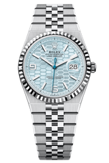 Rolex Land-Dweller 127236 36 mm Platinum Ice Blue Honeycomb Dial Fluted Bezel Flat Jubilee – New 2025