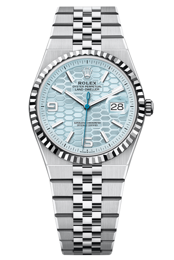 Rolex Land-Dweller 127236 36 mm Platinum Ice Blue Honeycomb Dial Fluted Bezel Flat Jubilee – New 2025