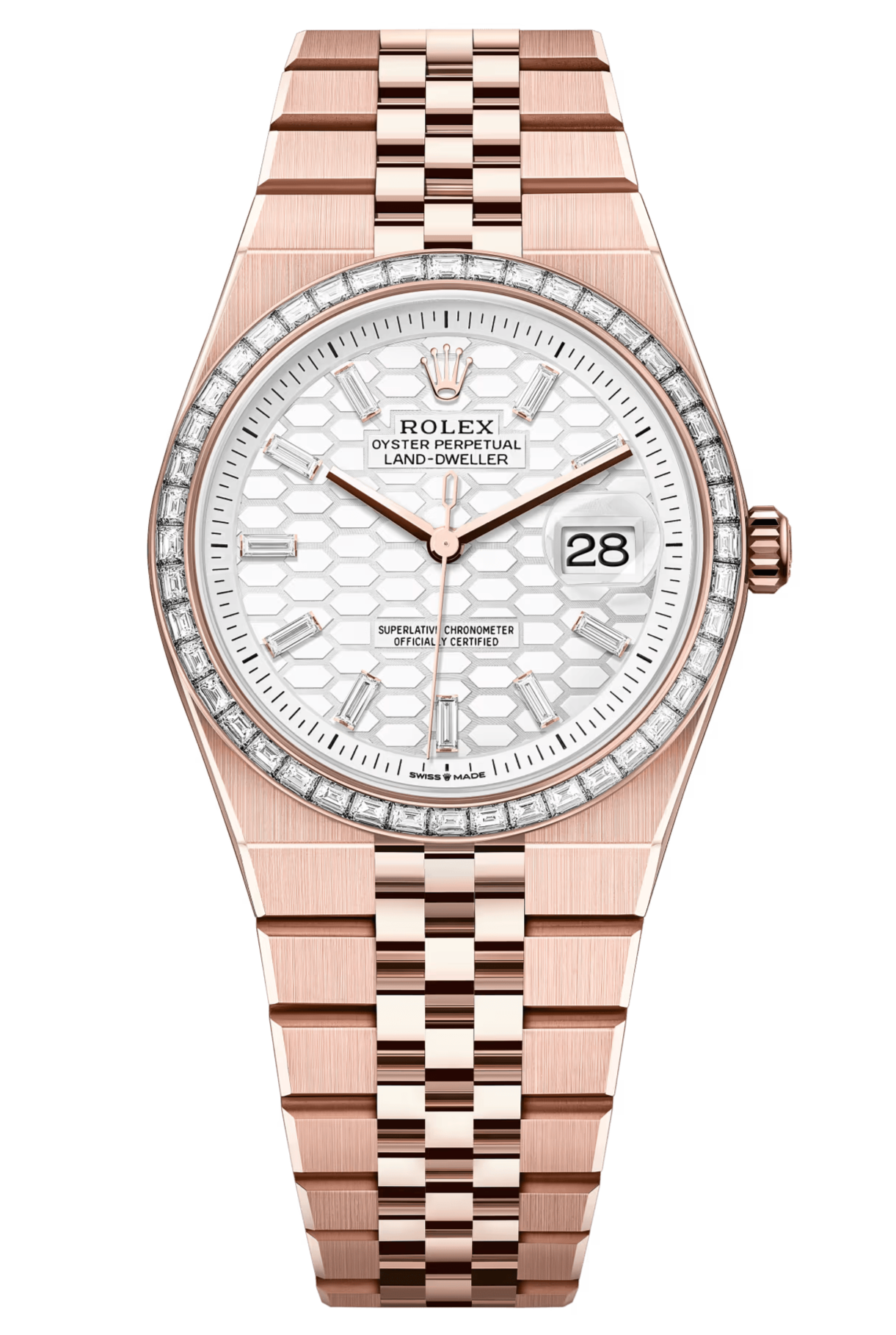 Rolex Land-Dweller 127285TBR 36 mm Everose Gold White Honeycomb Dial Diamond Bezel Flat Jubilee – New 2025