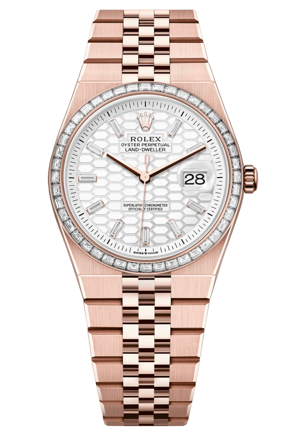 Rolex Land-Dweller 127285TBR 36 mm Everose Gold White Honeycomb Dial Diamond Bezel Flat Jubilee – New 2025