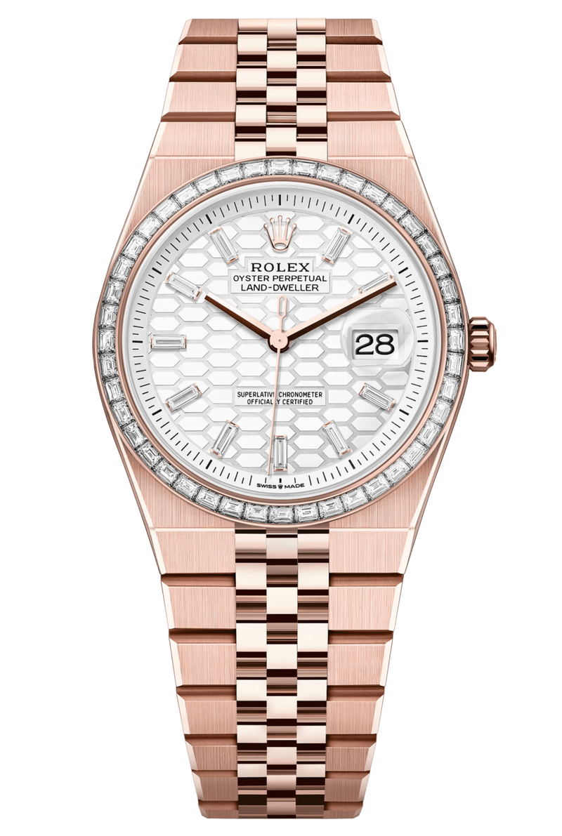 Rolex Land-Dweller 127285TBR 36 mm Everose Gold White Honeycomb Dial Diamond Bezel Flat Jubilee – New 2025