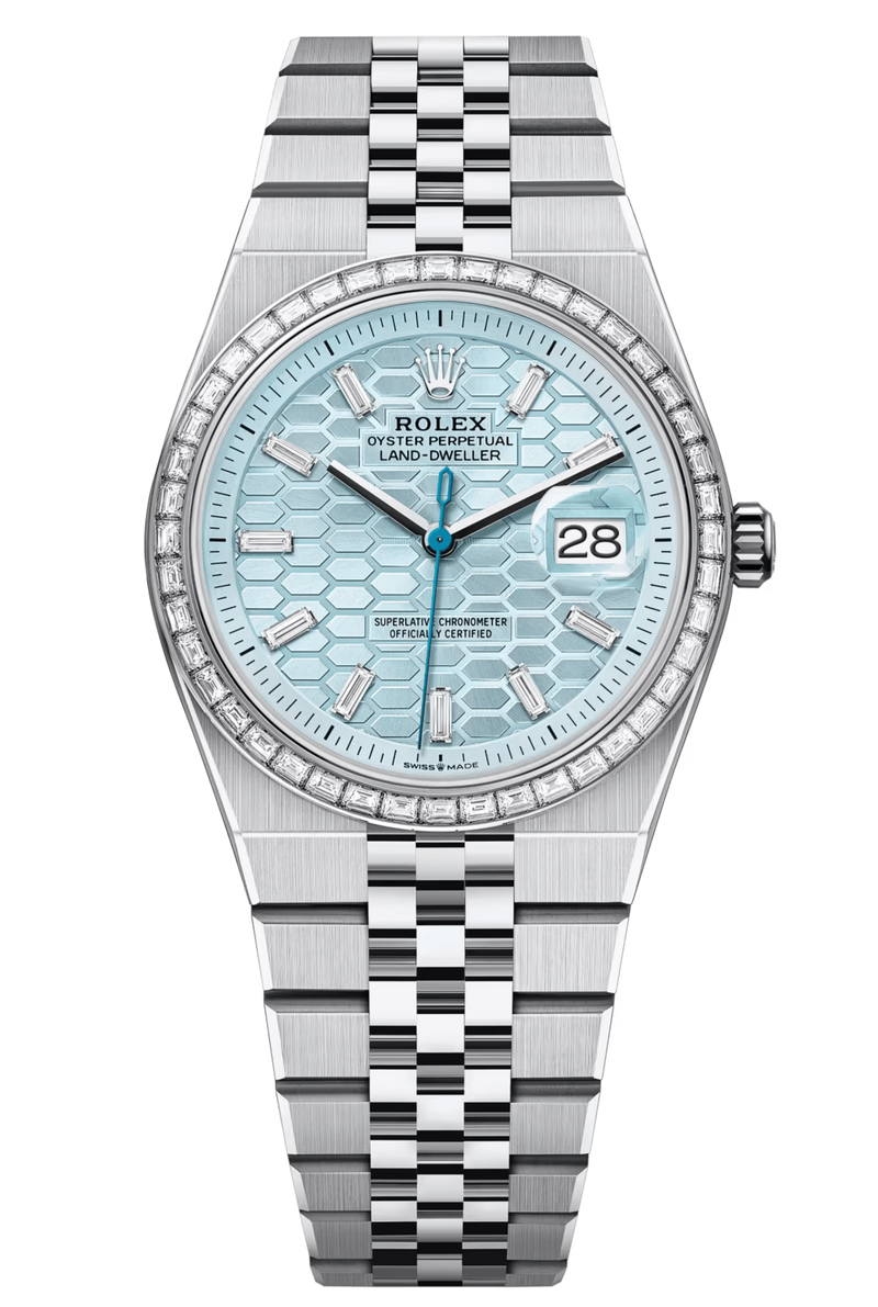 Rolex Land-Dweller 127286TBR 36 mm Platinum Ice Blue Honeycomb Dial Diamond Baguette Markers Flat Jubilee – New 2025