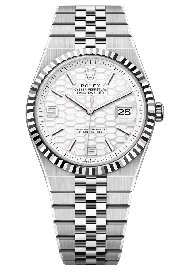 Rolex Land-Dweller 127334 40mm White Honeycomb Dial Fluted Bezel Jubilee – New 2025