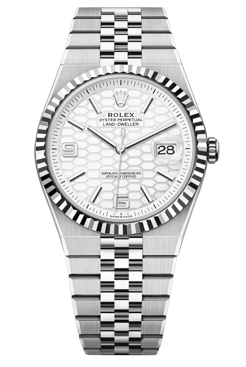 Rolex Land-Dweller 127334 40mm White Honeycomb Dial Fluted Bezel Jubilee – New 2025