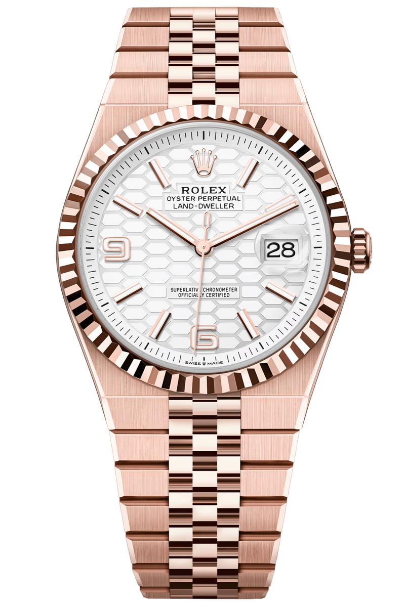 Rolex Land-Dweller 127335 40 mm Everose Gold White Honeycomb Dial Fluted Bezel Flat Jubilee – New 2025