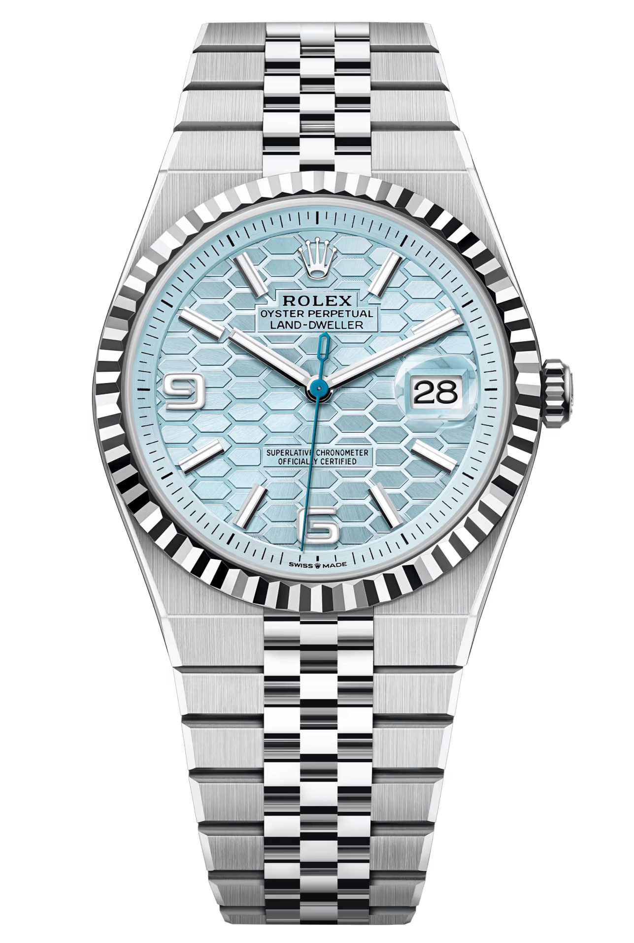 Rolex Land-Dweller 127336 40 mm Platinum Ice Blue Honeycomb Dial Fluted Bezel Flat Jubilee – New 2025