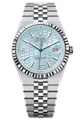 Rolex Land-Dweller 127336 40 mm Platinum Ice Blue Honeycomb Dial Fluted Bezel Flat Jubilee – New 2025