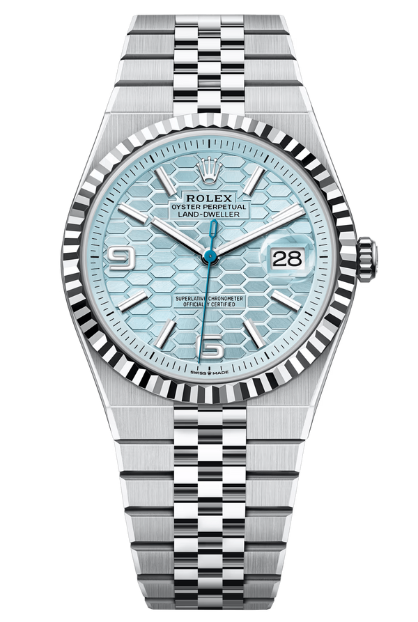 Rolex Land-Dweller 127336 40 mm Platinum Ice Blue Honeycomb Dial Fluted Bezel Flat Jubilee – New 2025