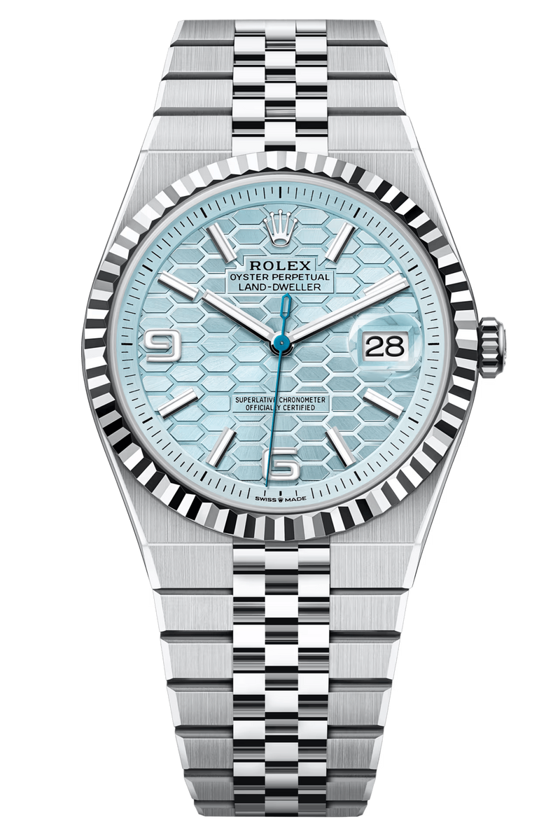 Rolex Land-Dweller 127336 40 mm Platinum Ice Blue Honeycomb Dial Fluted Bezel Flat Jubilee – New 2025
