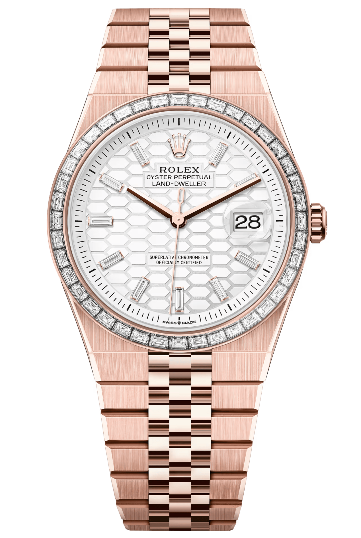 Rolex Land-Dweller 127385TBR 40 mm Everose Gold White Honeycomb Dial Diamond Bezel Flat Jubilee – New 2025