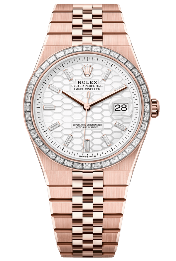 Rolex Land-Dweller 127385TBR 40 mm Everose Gold White Honeycomb Dial Diamond Bezel Flat Jubilee – New 2025