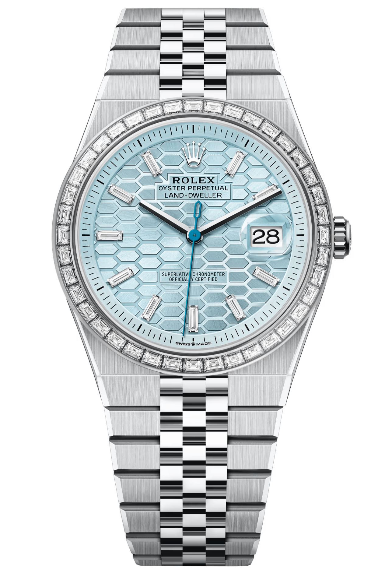 Rolex Land-Dweller 127386TBR 40 mm Platinum Ice Blue Honeycomb Dial Diamond Bezel Flat Jubilee – New 2025