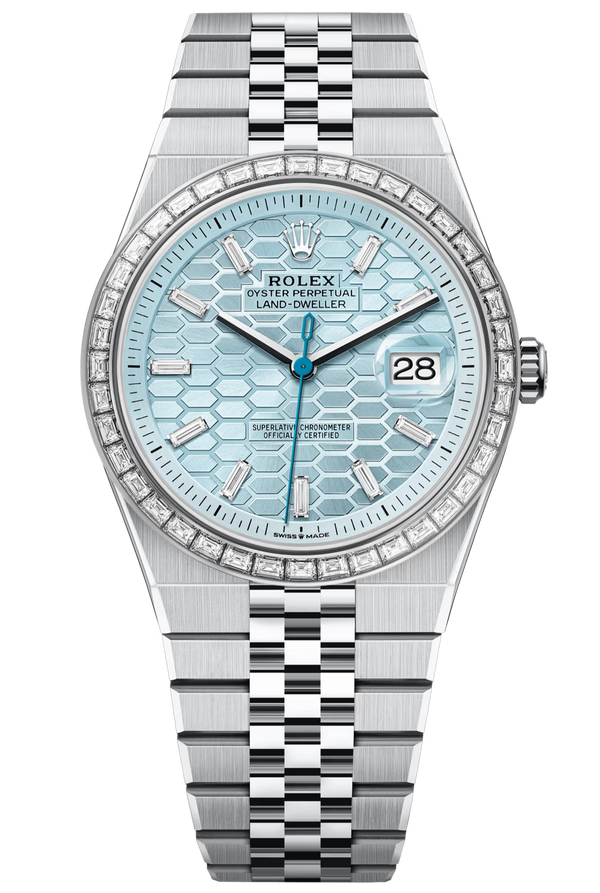 Rolex Land-Dweller 127386TBR 40 mm Platinum Ice Blue Honeycomb Dial Diamond Bezel Flat Jubilee – New 2025