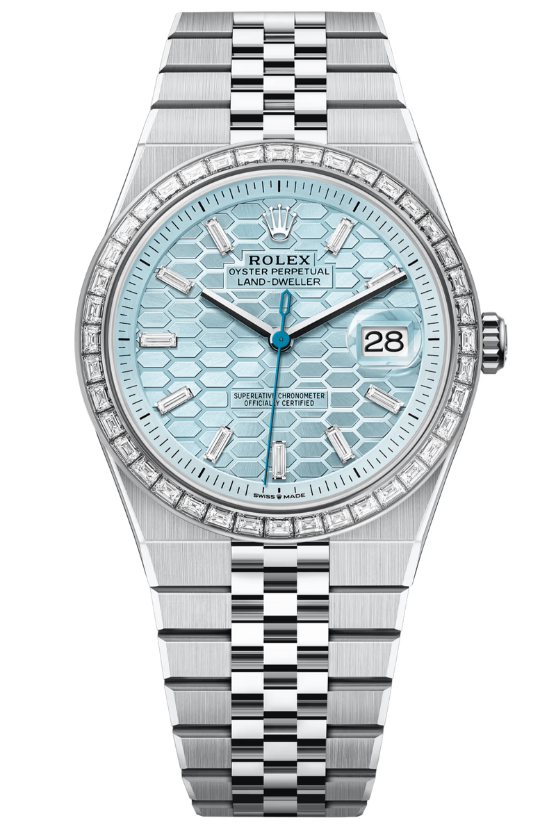 Rolex Land-Dweller 127386TBR 40 mm Platinum Ice Blue Honeycomb Dial Diamond Bezel Flat Jubilee – New 2025