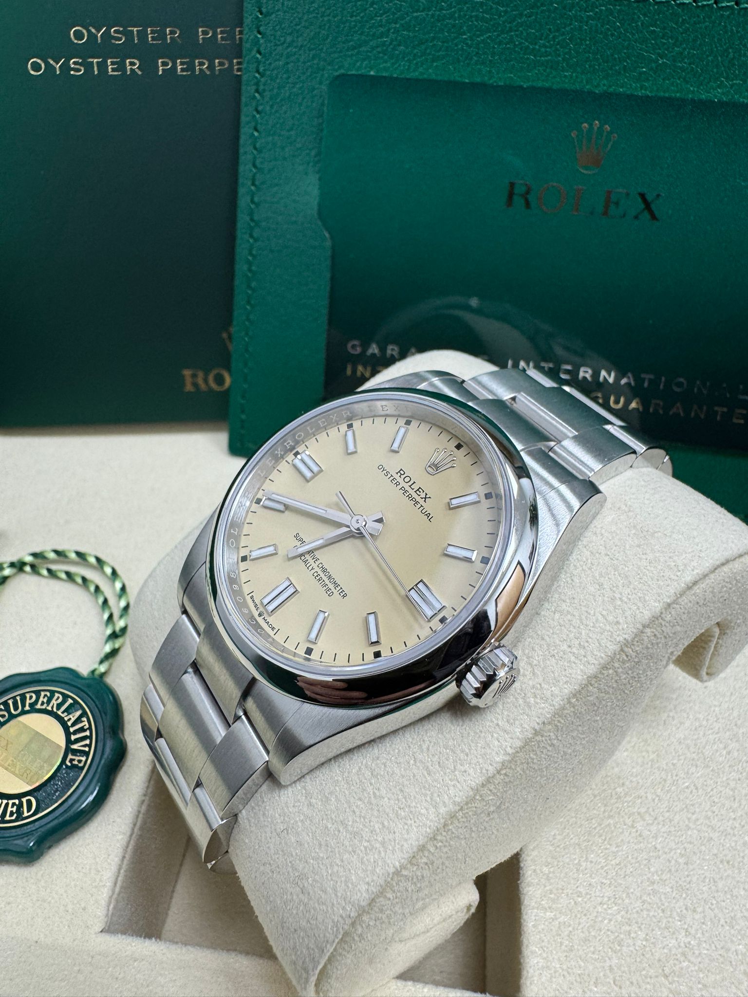 Rolex Oyster Perpetual 36mm Beige Dial Smooth Bezel Detail