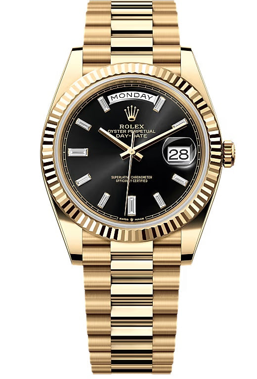 Rolex Yellow Gold President Day Date 40mm Black Diamond Baguette Dial - 228238