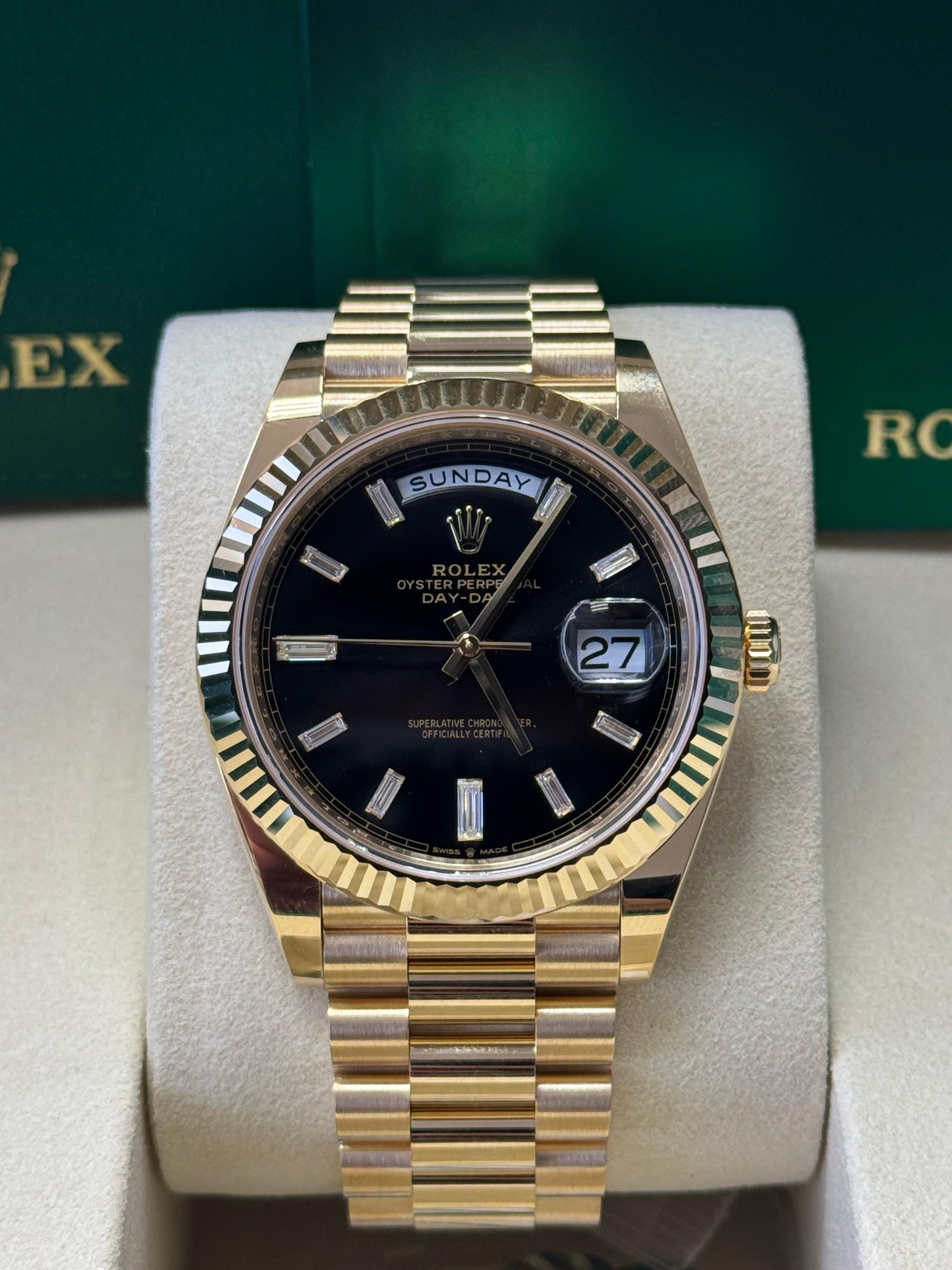 Rolex Yellow Gold President Day Date 40mm Black Diamond Baguette Dial