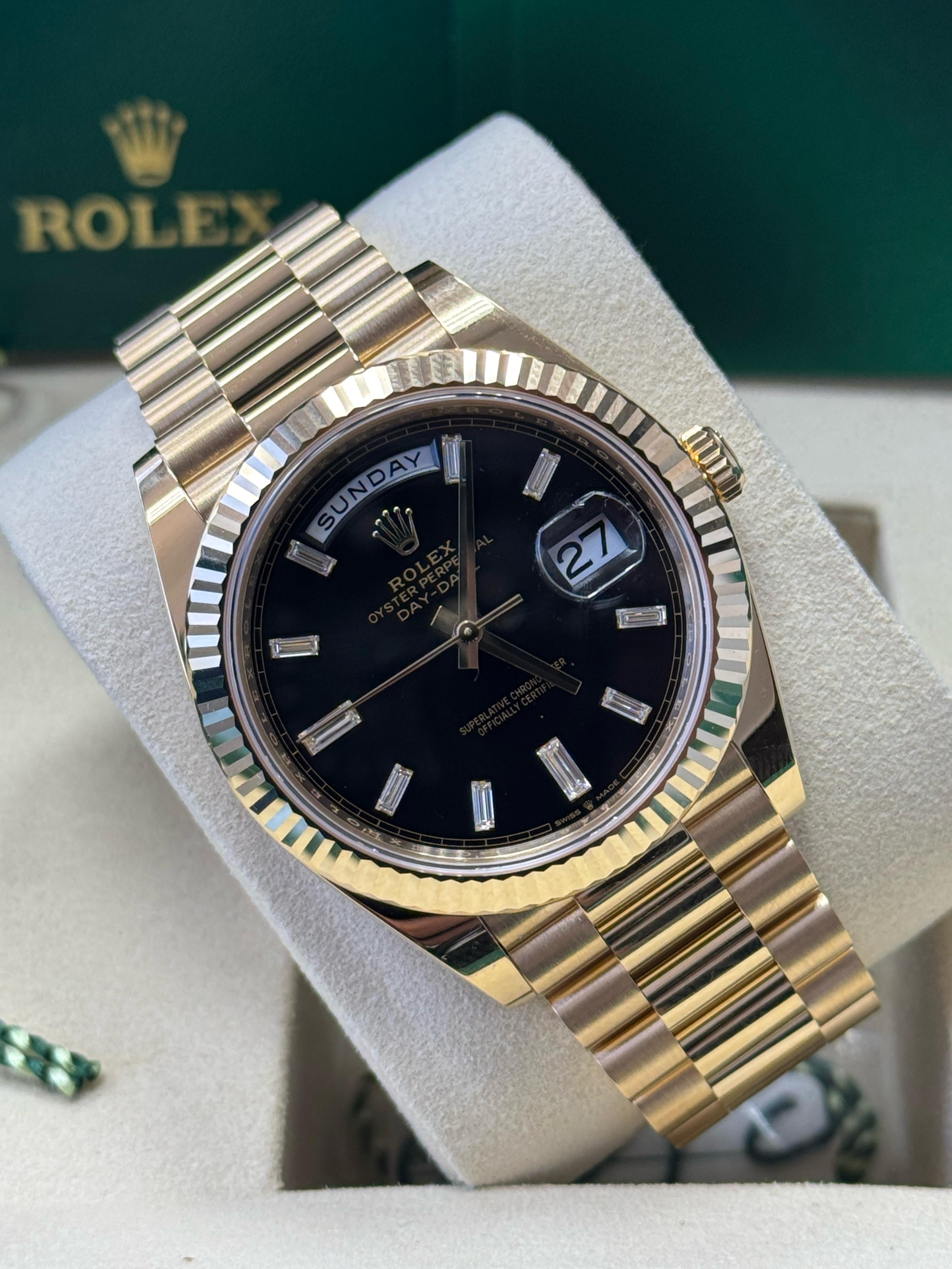 Rolex Yellow Gold President Day Date 40mm Black Diamond Baguette Dial - 228238