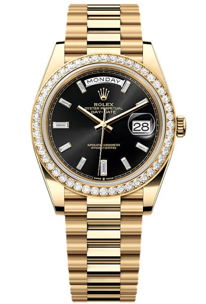 Rolex Yellow Gold President Day Date 40mm Black Diamond Baguette Dial Diamond