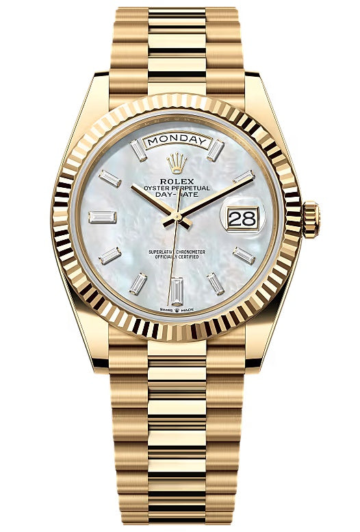Rolex Yellow Gold President Day Date 40mm Mother of Pearl Diamond Baguette Dial