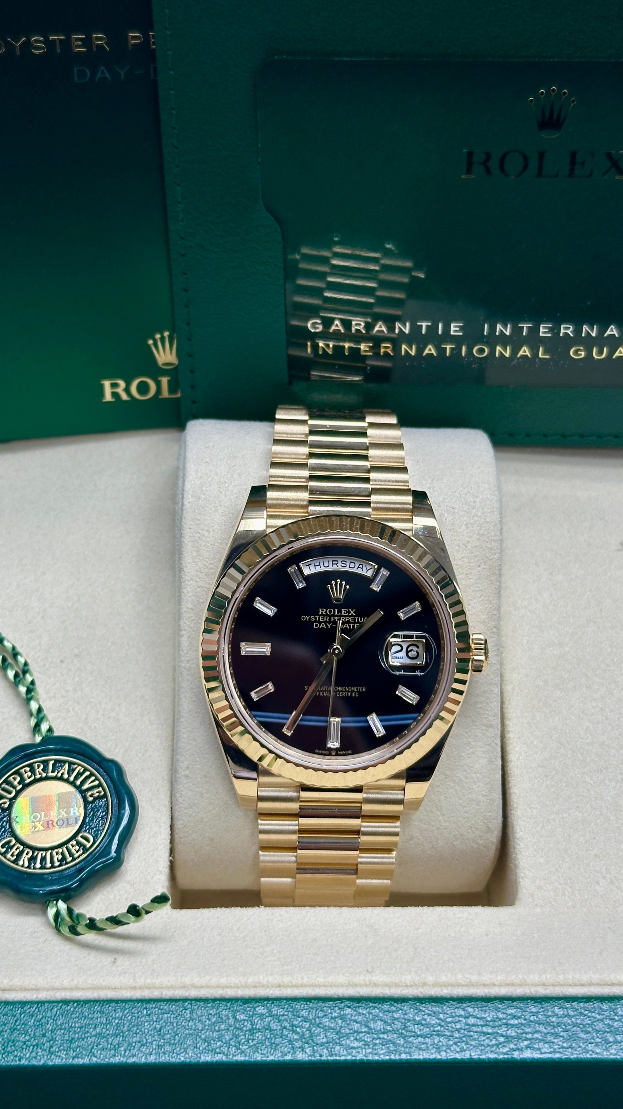 Rolex Yellow Gold President Day Date 40mm Onyx Diamond Dial - 228238 - New 2025