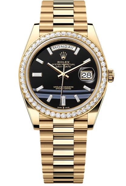 Rolex Yellow Gold President Day Date 40mm Onyx Diamond Dial Diamond Bezel –