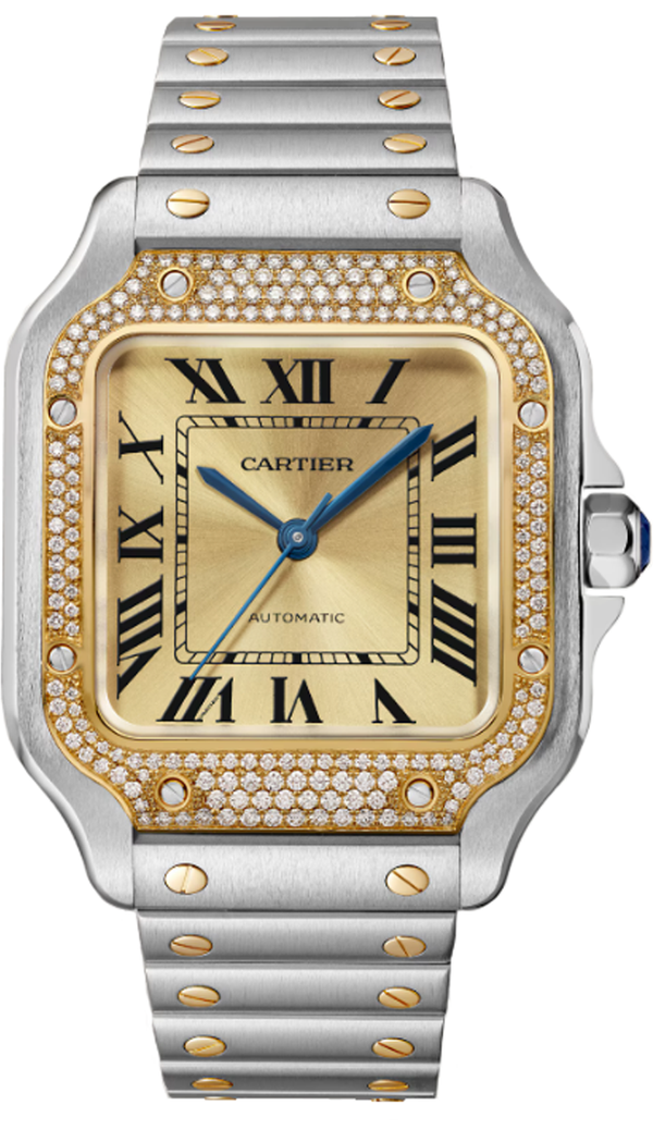 Cartier Santos Medium Two-Tone Yellow Gold Diamond Bezel Gold Dial W3SA0007