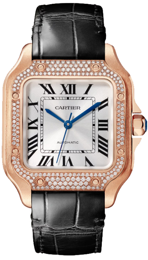 Cartier Santos Medium Rose Gold Diamond Bezel White Dial WJSA0012