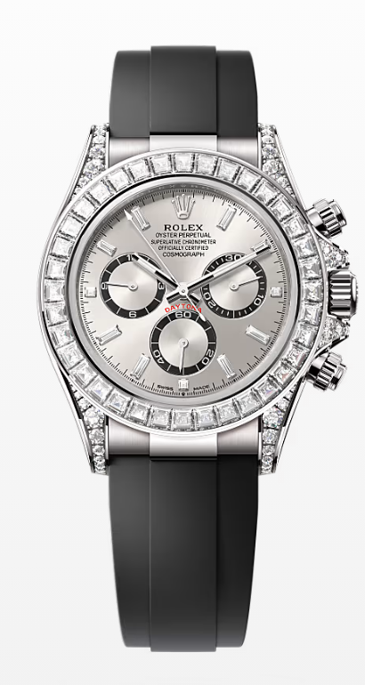 Rolex Cosmograph Daytona 40mm White Gold Diamond Baguette Silver Dial Diamond Bezel Oysterflex - 126539RBR - New 2025