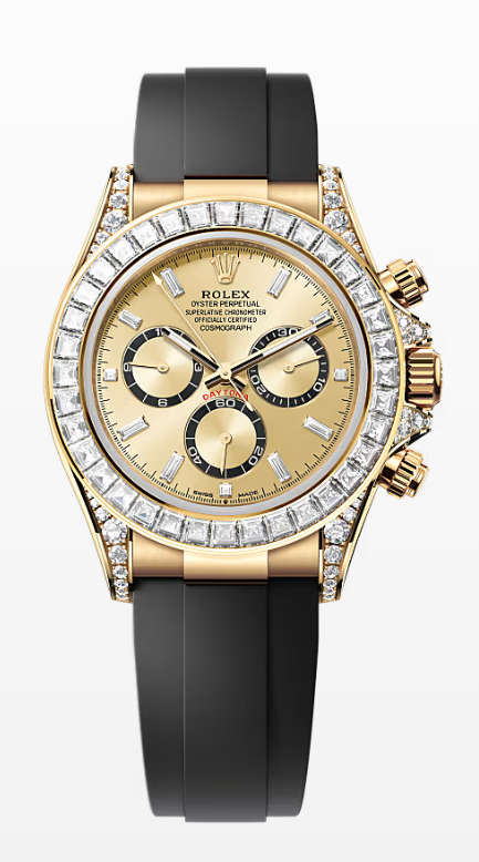 Rolex Cosmograph Daytona 40mm Yellow Gold Diamond Baguette Champagne Dial Diamond Bezel Oysterflex - 126538RBR - New 2025