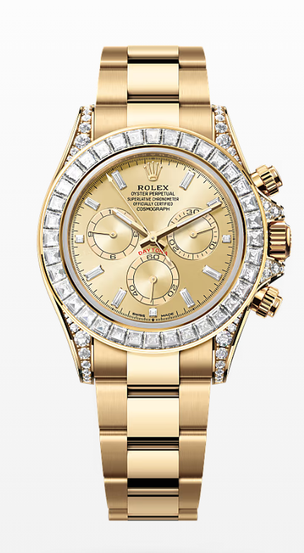 Rolex Cosmograph Daytona 40mm Yellow Gold Diamond Baguette Champagne Dial Diamond Bezel - 126598RBR - New 2025