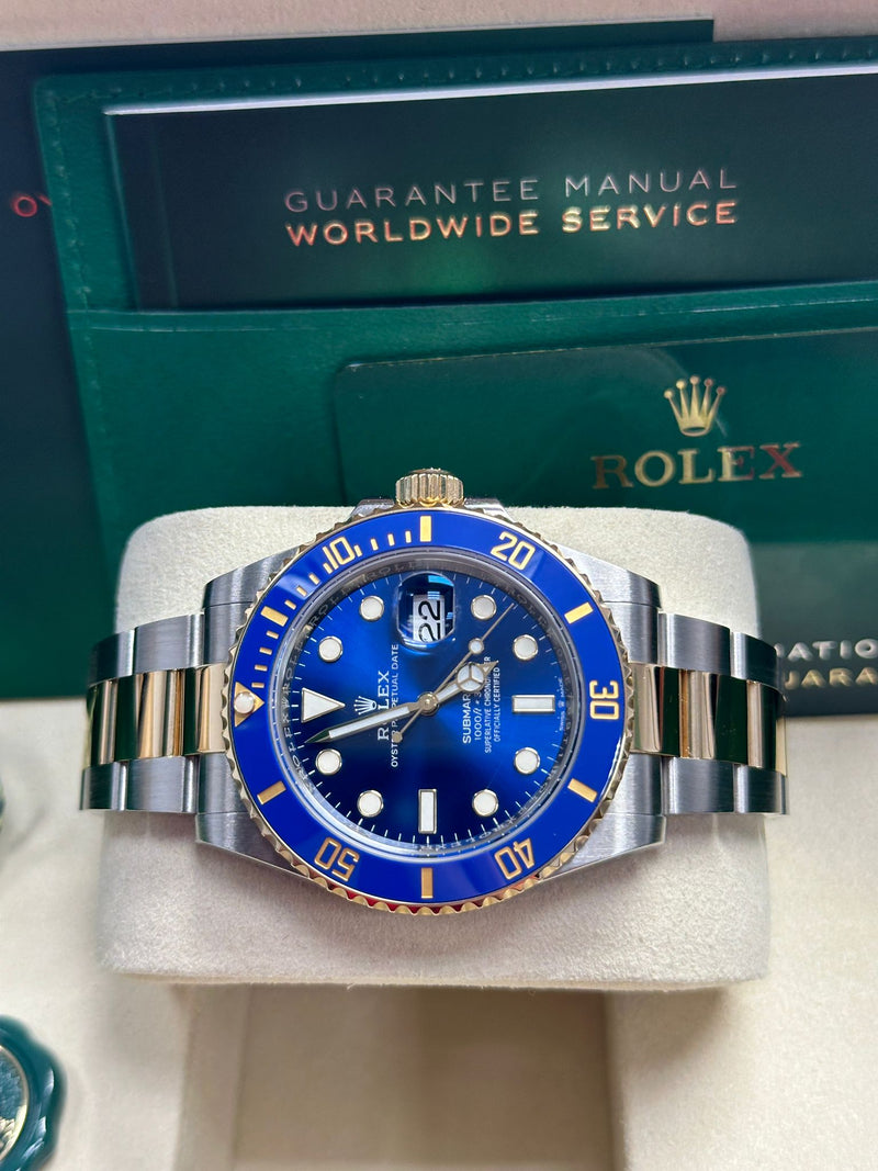 Side Profile of Rolex Submariner 126613LB Showing Blue Bezel Case Detail in Two-Tone Steel and Gold