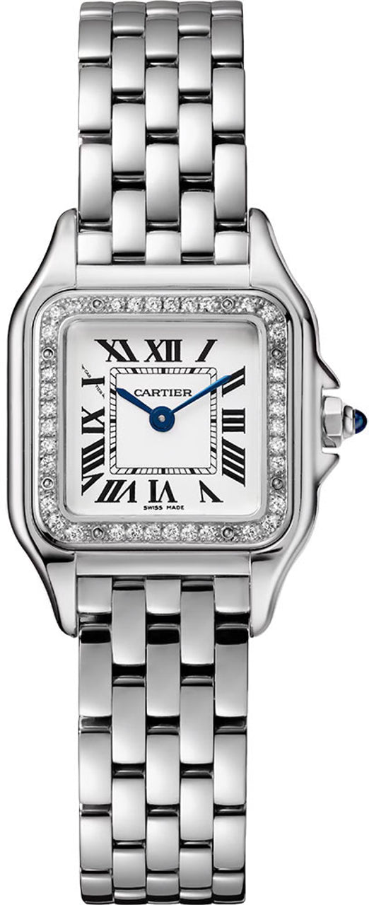 Panthẻre De Cartier Small Stainless Steel Silvered Roman Dial Diamond Bezel W4PN0016