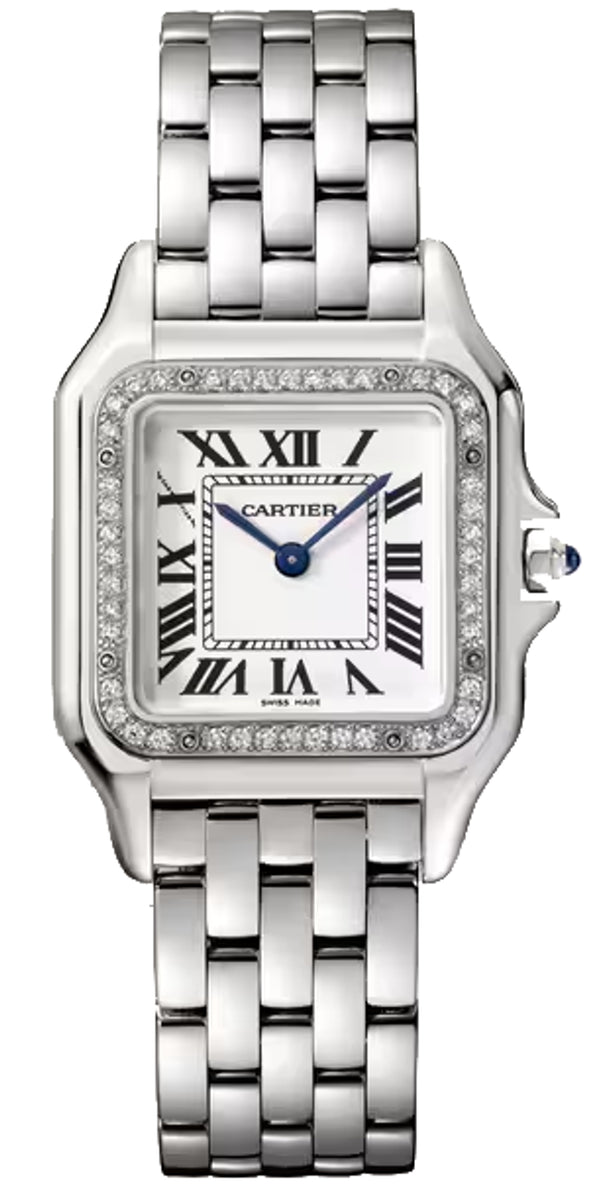 Panthẻre De Cartier Medium Stainless Steel Silvered Roman Dial Diamond Bezel W4PN0018