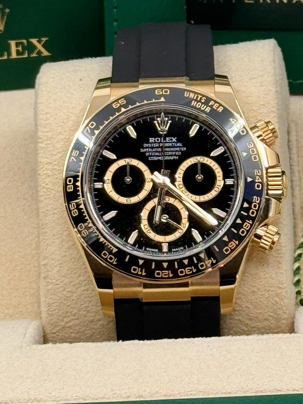 Rolex Cosmograph Daytona 40mm Yellow Gold Ceramic Bezel Black Dial Oysterflex - 126518LN - New 2024