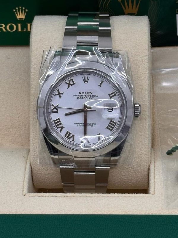 Rolex Datejust 41mm Smooth Bezel White Roman Oyster - 126300 - New 2024