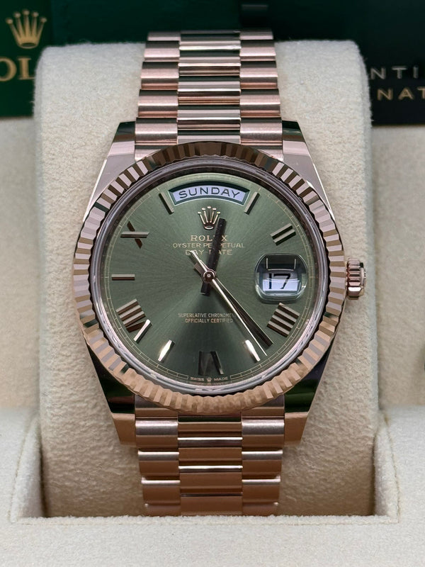 Rolex Day-Date "President" 40mm Everose Gold Olive Green Roman Dial - 228235 - New 2024