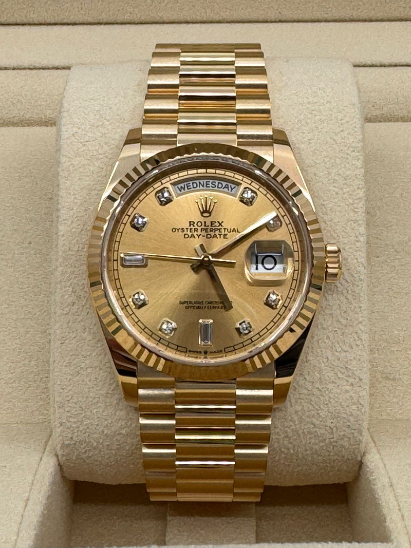 Rolex Day-Date "President" 36mm Yellow Gold Champagne Diamond Dial - 128238 - New 2024