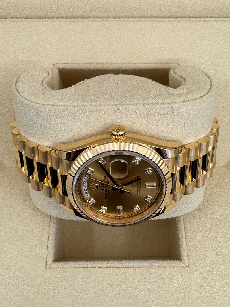 Rolex Day-Date "President" 36mm Yellow Gold Champagne Diamond Dial - 128238 - New 2025