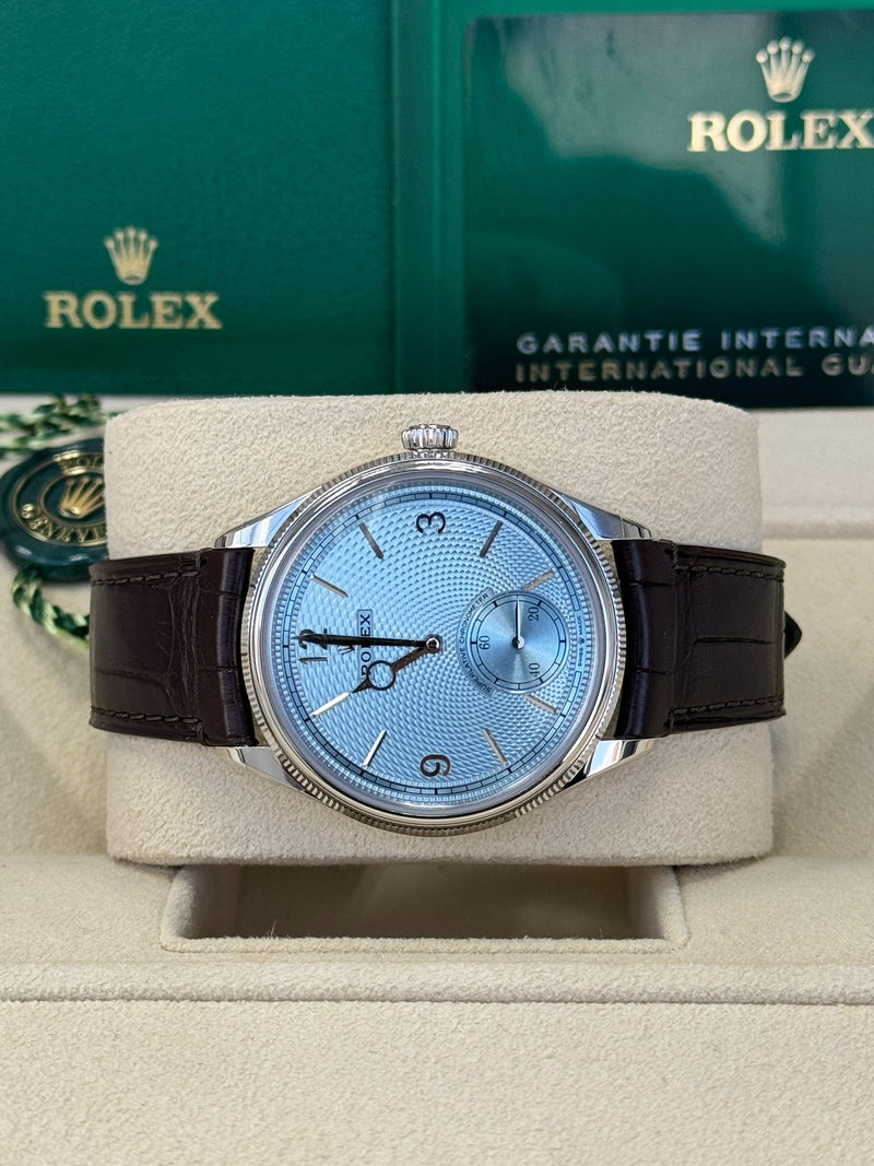 Rolex 1908 Platinum Ice Blue Dial Brown Alligator Strap - 52506 - New 2025