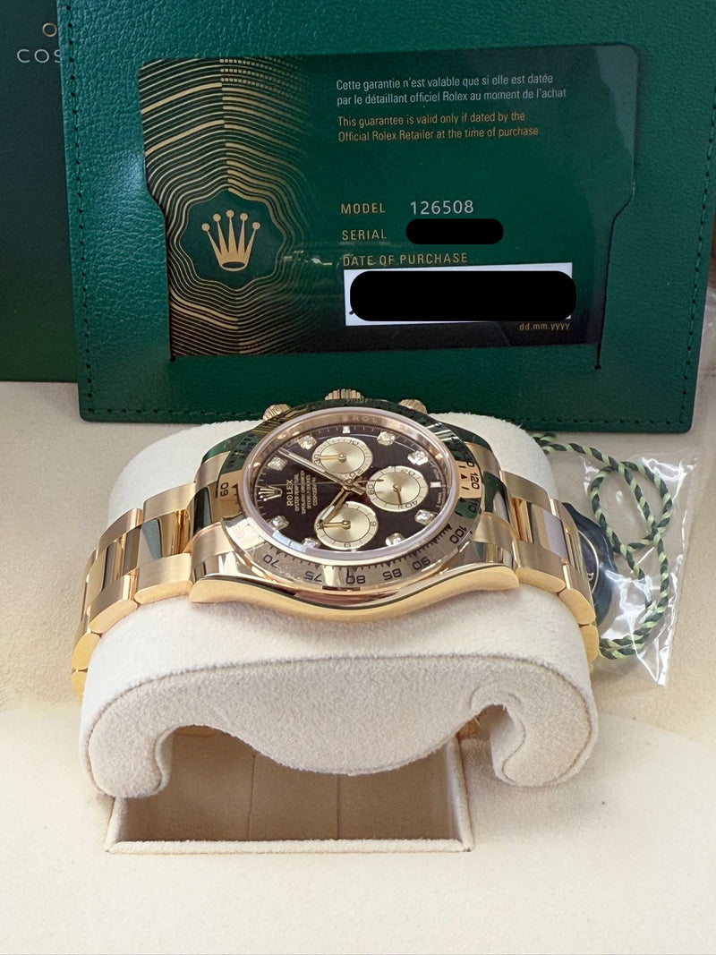 Rolex Cosmograph Daytona 40mm Yellow Gold Black Diamond Dial - 126508 - New 2024