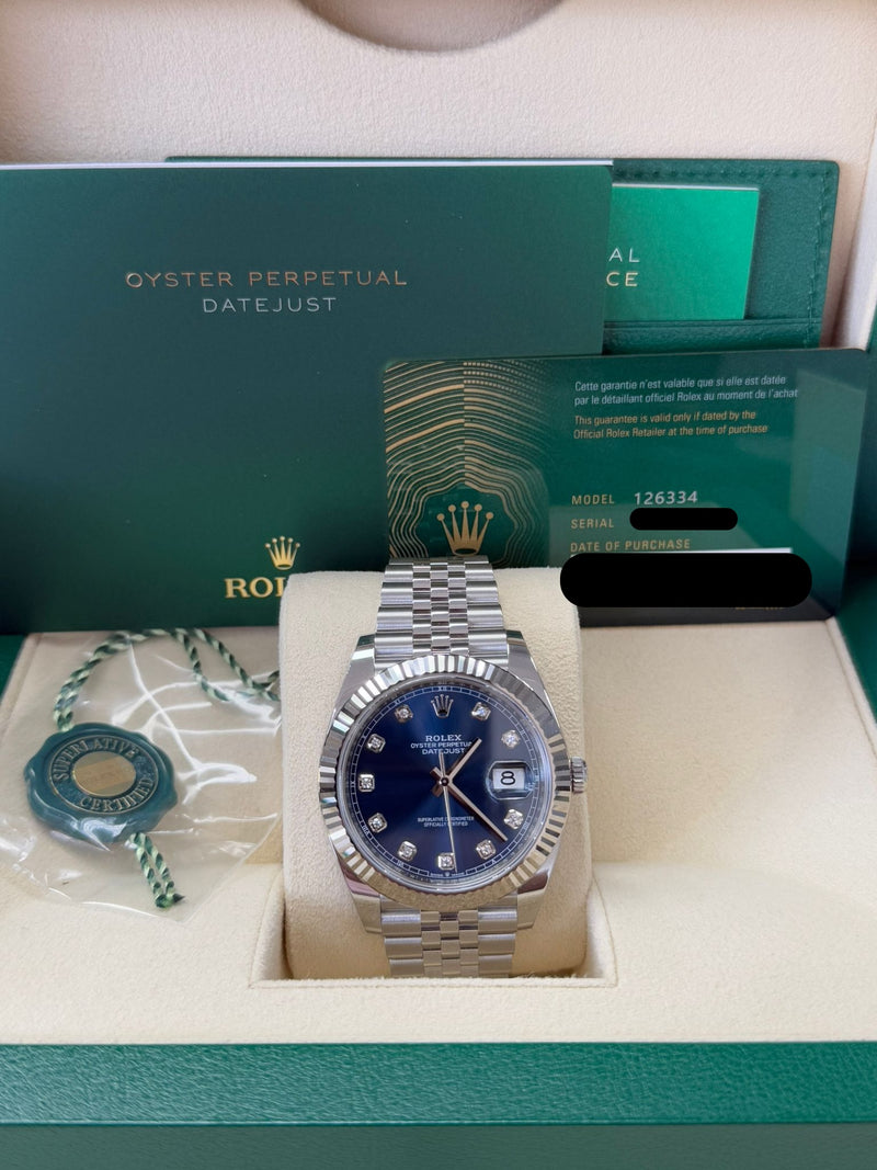 Rolex Datejust 41mm Fluted Bezel Blue Diamond Dial Jubilee - 126334 - New 2025