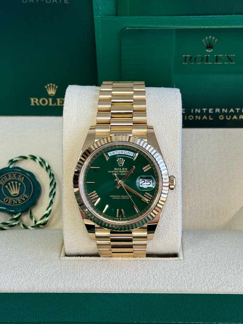 Rolex Day-Date "President" 40mm Yellow Gold Green Roman "Money" Dial - 228238 - New 2025