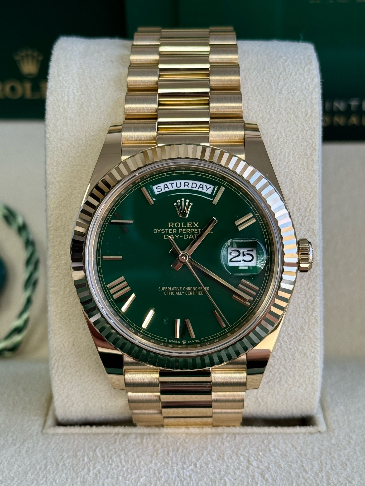 Rolex Day-Date "President" 40mm Yellow Gold Green Roman "Money" Dial - 228238 - New 2025 / 2026