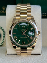 Rolex Day-Date "President" 40mm Yellow Gold Green Roman "Money" Dial - 228238 - New 2024