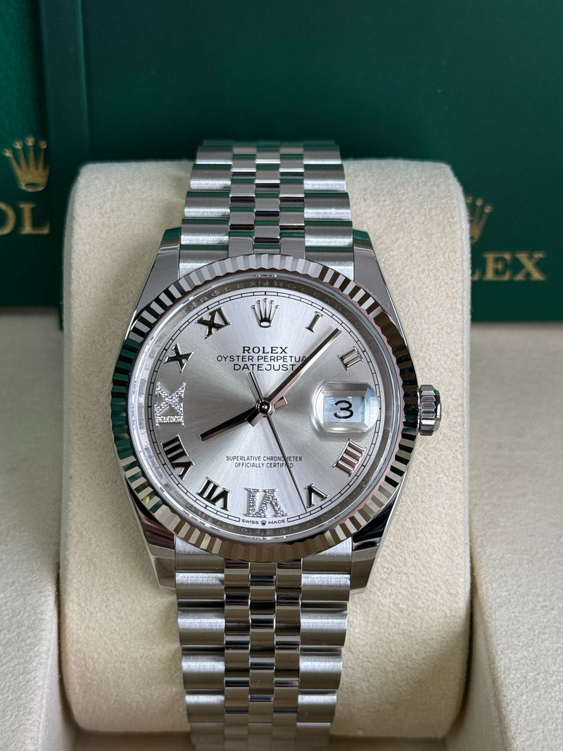 Rolex Datejust 36mm Fluted Bezel Silver Roman Diamond Dial Jubilee - 126234 - New 2025