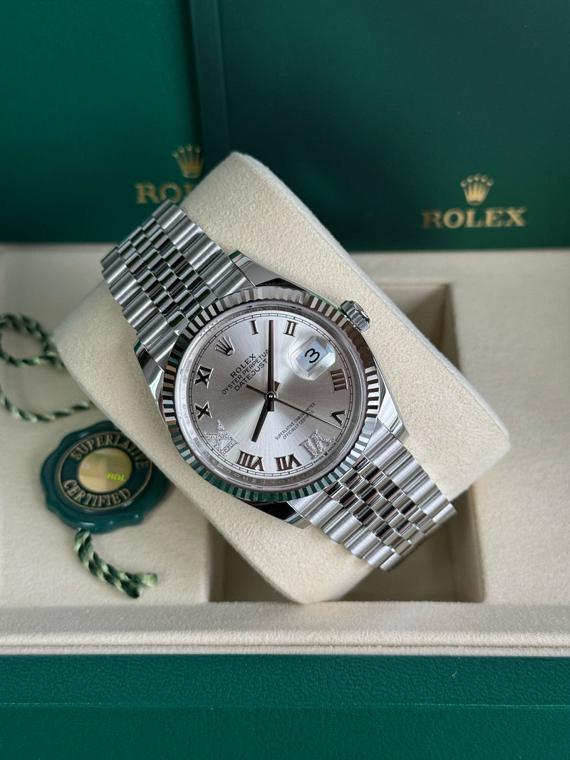 Rolex Datejust 36mm Fluted Bezel Silver Roman Diamond Dial Jubilee - 126234 - New 2025